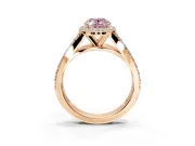 Halo Engagement Ring Setting for Fancy Pink Oval Center with Narrow Pave Split Shank and Prong Head in Rose Gold