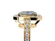 Bezel-Framed Halo Engagement Ring Setting for Emerald Cut Center with Pave Band and Prong Head in Yellow Gold