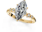 Solitaire Engagement Ring Setting for Marquise Center with Bezel-Dot Beaded Band and Prong Head in Yellow Gold