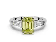 3 Stone Engagement Ring Setting for Fancy Yellow Emerald Cut Center with Tapered Baguettes, Plain Band and Prong Head in Platinum