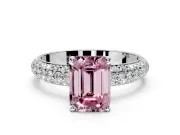 Solitaire Engagement Ring Setting for Fancy Pink Emerald Cut Center with Domed Multi-Row Pave Band and Prong Head in White Gold