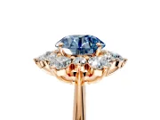 Small-Accent Cluster Halo Engagement Ring Setting for Fancy Blue Round Cut Center with Plain Band and Prong Head in Rose Gold