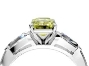 3 Stone Engagement Ring Setting for Fancy Yellow Emerald Cut Center with Tapered Baguettes, Plain Band and Prong Head in Platinum