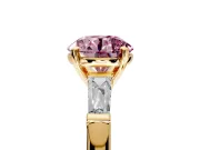 3 Stone Engagement Ring Setting for Fancy Pink Round Cut Center with Tapered Baguettes, Plain Band and Prong Head in Yellow Gold