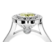 Halo Engagement Ring Setting for Fancy Yellow Oval Center with Milgrain Frame, Pave Band and Prong Head in Platinum