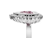 Halo Engagement Ring Setting for Fancy Pink Heart-Shaped Center with Milgrain Bezel Rim, Plain Band and Prong Head in White Gold