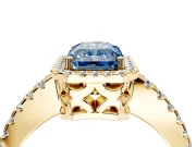 Accent Halo Engagement Ring Setting for Fancy Blue Radiant Cut Center with Full-Length Pave Band and Prong Head in Yellow Gold