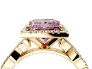 Halo Engagement Ring Setting for Fancy Pink Princess Cut Center with Pave and Plain Twist Band and Prong Head in Yellow Gold
