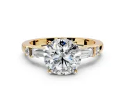 Bar-Set Engagement Ring Setting for Round Cut Center with Tapered Baguette Accents and Prong Head in Yellow Gold