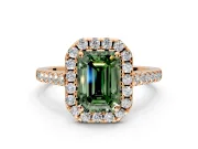 Halo Engagement Ring Setting for Fancy Green Emerald Cut Center with Narrowing Pave Band and Prong Head in Rose Gold