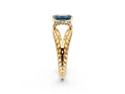 Halo Engagement Ring Setting for Fancy Blue Emerald Cut Center with Rope Twist Split Shank and Prong Head in Yellow Gold