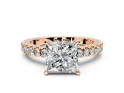 Solitaire Engagement Ring Setting for Princess Cut Center with Single Row Accent Band and Prong Head in Rose Gold
