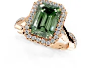 Halo Engagement Ring Setting for Fancy Green Emerald Cut Center with Twist Band and Prong Head in Rose Gold