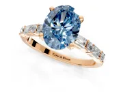 Baguette Engagement Ring Setting for Fancy Blue Oval Center with Alternating Bar-Set Band and Prong Head in Rose Gold