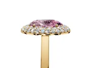 Halo Engagement Ring Setting for Fancy Pink Oval Center with Plain Tapered Band and Prong Head in Yellow Gold