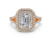 Double Halo Engagement Ring Setting for Emerald Cut Center with Narrow Pave Split Shank and Prong Head in Rose Gold