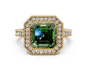 Halo Engagement Ring Setting for Fancy Green Asscher Cut Center with Milgrain Halo, Pave Band and Prong Head in Yellow Gold
