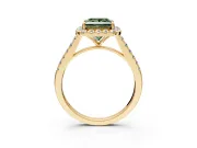 Halo Engagement Ring Setting for Fancy Green Princess Cut Center with Narrowing Pave Band and Prong Head in Yellow Gold