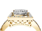 Halo Engagement Ring Setting for Princess Cut Center with Heart-Shaped Openwork, Pave Band and Prong Head in Yellow Gold