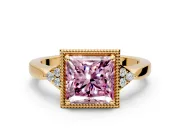 Cluster Engagement Ring Setting for Fancy Pink Princess Cut Center with Milgrain Shoulder Clusters and Prong Head in Yellow Gold