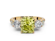 3 Stone Engagement Ring Setting for Fancy Yellow Radiant Cut Center with Crossover Basket, Pave Band and Prong Head in Yellow Gold