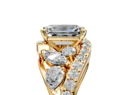 Halo Engagement Ring Setting for Emerald Cut Center with Marquise and Pave Bypass Band and Prong Head in Yellow Gold