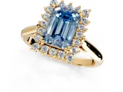 Starburst Halo Engagement Ring Setting for Fancy Blue Emerald Cut Center with Thin Round-Wire Band and Prong Head in Yellow Gold