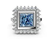 Halo Engagement Ring Setting for Fancy Blue Princess Cut Center with Milgrain Bezel Rim, Plain Band and Prong Head in White Gold