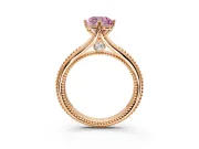 Solitaire Engagement Ring Setting for Fancy Pink Cushion Cut Center with Milgrain Cathedral Band and Prong Head in Rose Gold