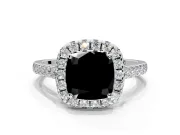 Halo Engagement Ring Setting for Fancy Black Cushion Cut Center with Narrowing Pave Band and Prong Head in Platinum