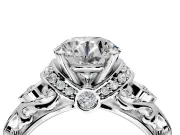 Solitaire Engagement Ring Setting for Round Cut Center with Filigree Band and Prong Head in White Gold