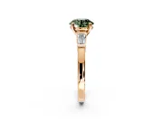 3 Stone Engagement Ring Setting for Fancy Green Round Cut Center with Channel Baguette Accents and Prong Head in Rose Gold
