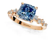 Solitaire Engagement Ring Setting for Fancy Blue Cushion Cut Center with Trailing Leaf Accent Band and Prong Head in Rose Gold