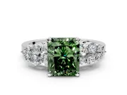 Cluster Engagement Ring Setting for Fancy Green Radiant Cut Center with 2-Row Shoulder Clusters and Prong Head in Sterling Silver