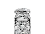 Pave Engagement Ring Setting for Radiant Cut Center with Curved Accent Rows, Openwork and Prong Head in White Gold