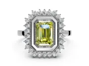 Halo Engagement Ring Setting for Fancy Yellow Emerald Cut Center with Milgrain Bezel Rim, Plain Band and Prong Head in Platinum