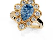 Cluster Halo Engagement Ring Setting for Fancy Blue Pear-Shaped Center with Milgrain Bezel Accents and Prong Head in Yellow Gold