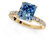 Solitaire Engagement Ring Setting for Fancy Blue Radiant Cut Center with Fine Pave Band and Claw Prong Head in Yellow Gold