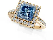 Pave Halo Engagement Ring Setting for Fancy Blue Princess Cut Center with Single Row Pave Band and Prong Head in Yellow Gold