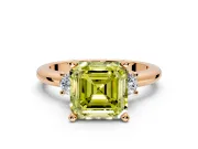 3 Stone Engagement Ring Setting for Fancy Yellow Asscher Cut Center with Wide Plain Band and Prong Head in Rose Gold