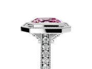Halo Engagement Ring Setting for Fancy Pink Asscher Cut Center with Milgrain Pave Band and Bezel Head in White Gold