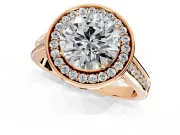 Halo Engagement Ring Setting for Round Cut Center with Outer Bezel Rim, Pave Band and Prong Head in Rose Gold