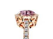 Accent Halo Engagement Ring Setting for Fancy Pink Round Cut Center with Full-Length Pave Band and Prong Head in Rose Gold