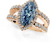 Halo Engagement Ring Setting for Fancy Blue Marquise Center with Wide-Open Pave Split Shank and Prong Head in Rose Gold