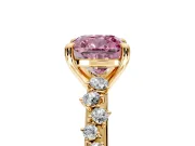 Solitaire Engagement Ring Setting for Fancy Pink Cushion Cut Center with Trailing Leaf Accent Band and Prong Head in Yellow Gold