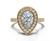 Halo Engagement Ring Setting for Pear-Shaped Center with Milgrain Pave Band and Bezel Head in Yellow Gold