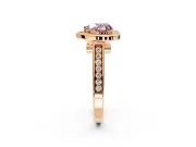 Halo Engagement Ring Setting for Fancy Pink Heart-Shaped Center with Outer Bezel Rim, Pave Band and Prong Head in Rose Gold