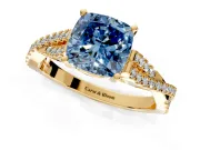 Solitaire Engagement Ring Setting for Fancy Blue Cushion Cut Center with Twisted Pave Split Shank and Prong Head in Yellow Gold