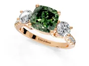 3 Stone Engagement Ring Setting for Fancy Green Cushion Cut Center with Crossover Basket, Pave Band and Prong Head in Rose Gold