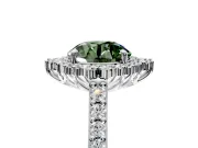Sunburst Halo Engagement Ring Setting for Fancy Green Round Cut Center with Pave Band and Prong Head in White Gold
